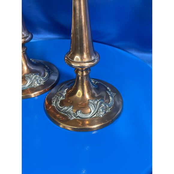 Antique Pair of Copper and Pewter Tall Candlestick Holders - Picture 6 of 8